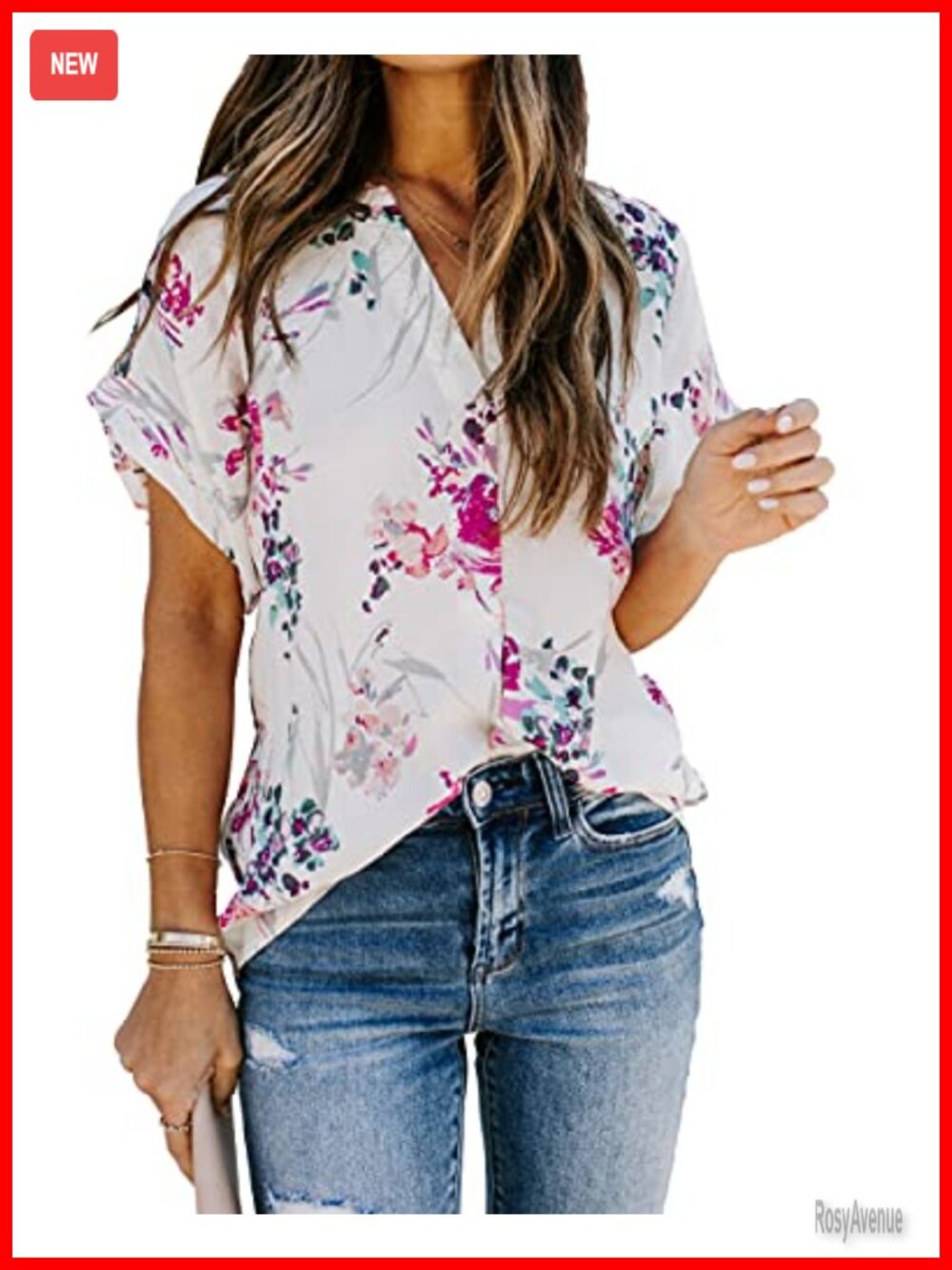 Women's Floral Chiffon Blouse | Split V Neck | Short Sleeve Tunic | Loose Fit